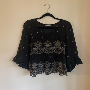 American Eagle Outfitters Black Embroidered Ruffled Peasant Tunic
